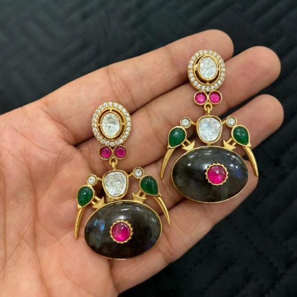Gold Plated Indian Bollywood Style Kundan CZ Earrings Tiger Stone Jewelry Set