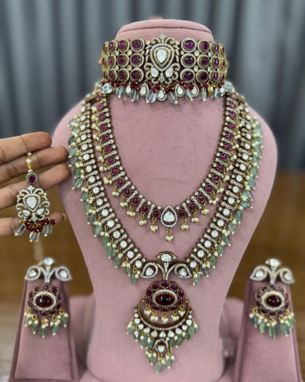 Gold Plated Bridal Ruby Kundan Mosonite Jewelry Set