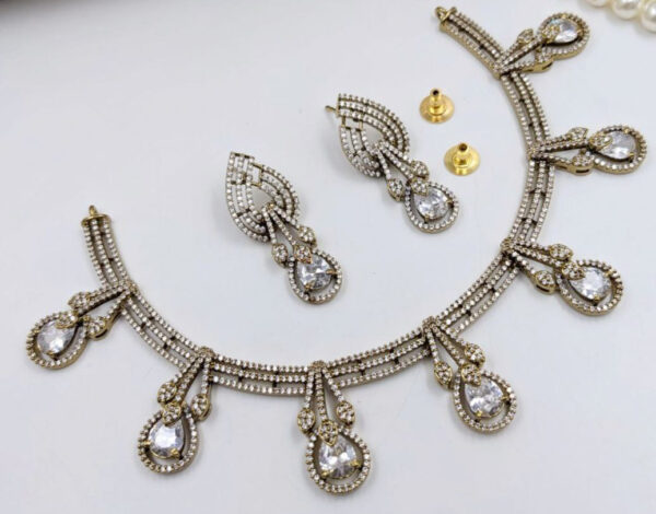 Bollywood Style Silver / Gold Plated Indian CZ Necklace Earrings Bridal Jewelry Set