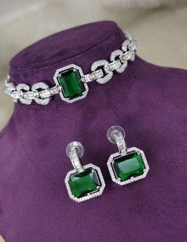 925 Silver Plated Bridal Indian Bollywood Style CZ Choker Chick Necklace Earrings Jewelry Set - Image 3