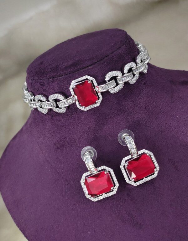 925 Silver Plated Bridal Indian Bollywood Style CZ Choker Chick Necklace Earrings Jewelry Set - Image 4