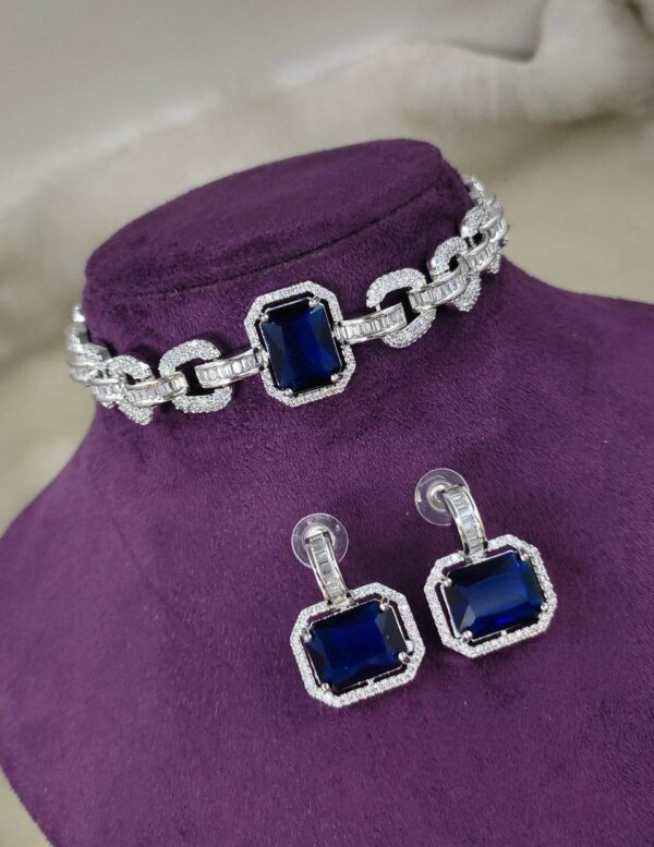925 Silver Plated Bridal Indian Bollywood Style CZ Choker Chick Necklace Earrings Jewelry Set