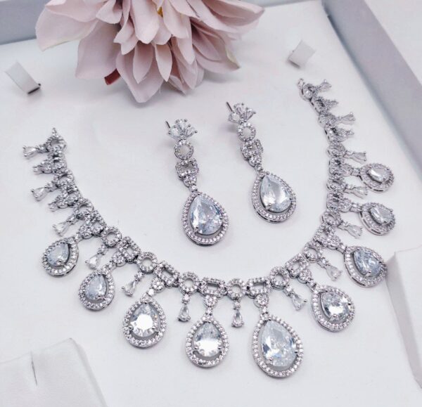925 Silver Plated Indian Bollywood Style CZ Choker Necklace Earrings Bridal Jewelry Set