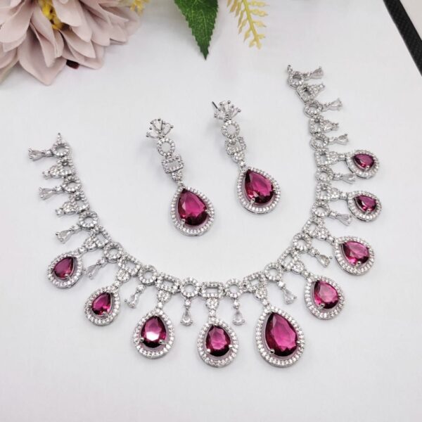 925 Silver Plated Indian Bollywood Style CZ Choker Necklace Earrings Bridal Jewelry Set - Image 2
