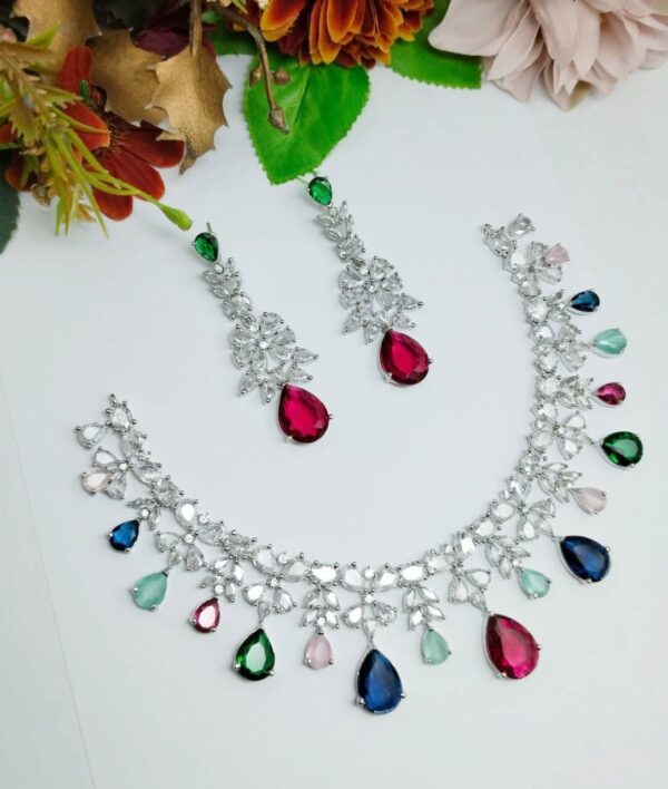 Indian 925 Silver Plated Bridal Bollywood Style CZ Necklace Earrings Jewelry Set CODE.2358 - Image 2