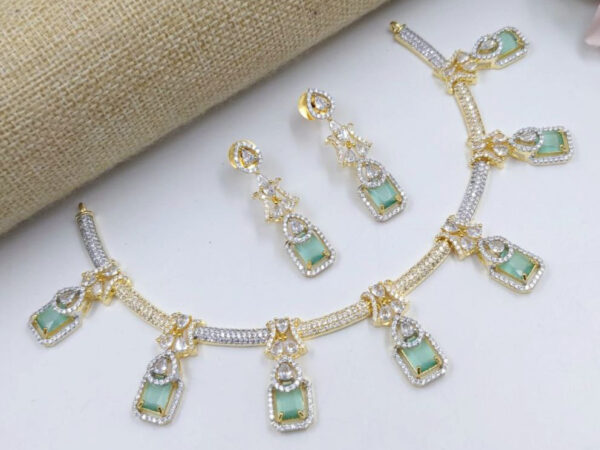 Bollywood Style Gold Plated Indian CZ Bridal Necklace Earrings Choker Jewelry Set - Image 9