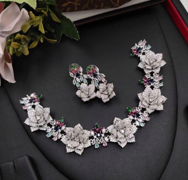 Silver Plated Bollywood Style Indian CZ Bridal Necklace Earrings Choker Jewelry Set - Image 3