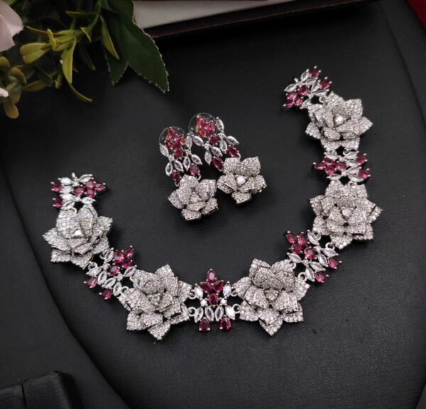 Silver Plated Bollywood Style Indian CZ Bridal Necklace Earrings Choker Jewelry Set - Image 4