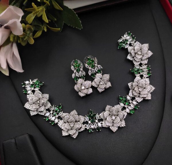 Silver Plated Bollywood Style Indian CZ Bridal Necklace Earrings Choker Jewelry Set - Image 5