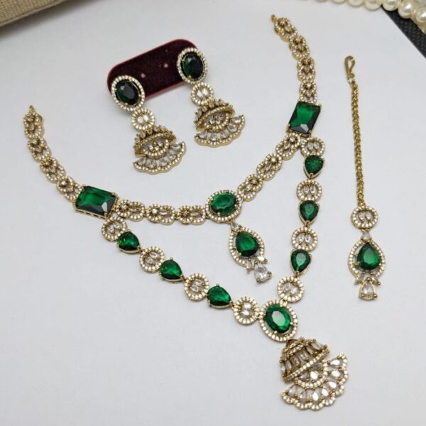 Bollywood Style 2 Layered Victorian Gold Plated Indian CZ Necklace Earrings Bridal Jewelry Set - Image 2