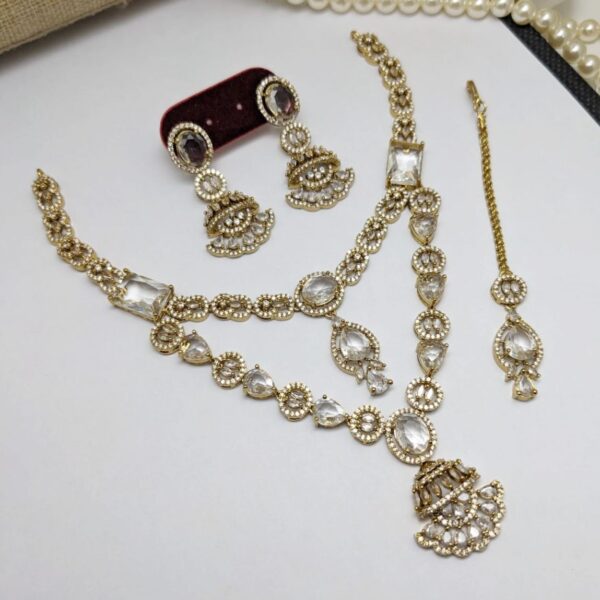 Bollywood Style 2 Layered Victorian Gold Plated Indian CZ Necklace Earrings Bridal Jewelry Set