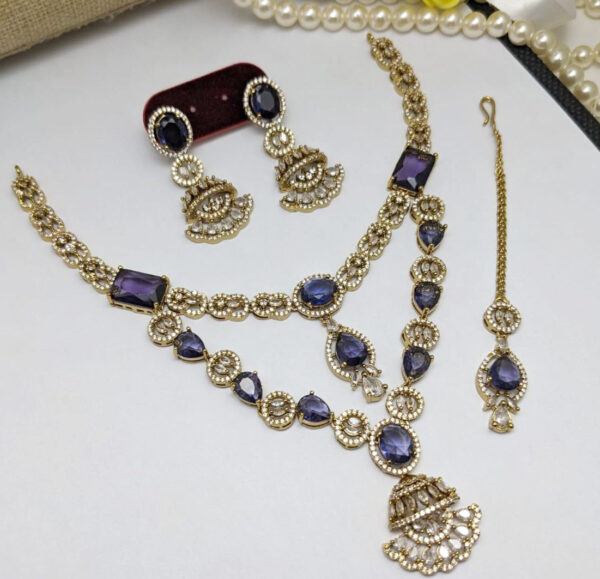 Bollywood Style 2 Layered Victorian Gold Plated Indian CZ Necklace Earrings Bridal Jewelry Set - Image 6