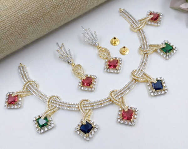 Gold Plated Bollywood Style Indian CZ Bridal Necklace Earrings Choker Jewelry Set - Image 4