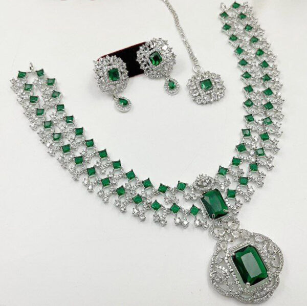 Indian 925 Silver Plated Bollywood Style Bridal CZ Necklace Earrings Jewelry Set - Image 2