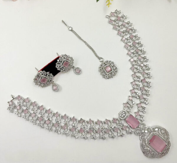 Indian 925 Silver Plated Bollywood Style Bridal CZ Necklace Earrings Jewelry Set - Image 3