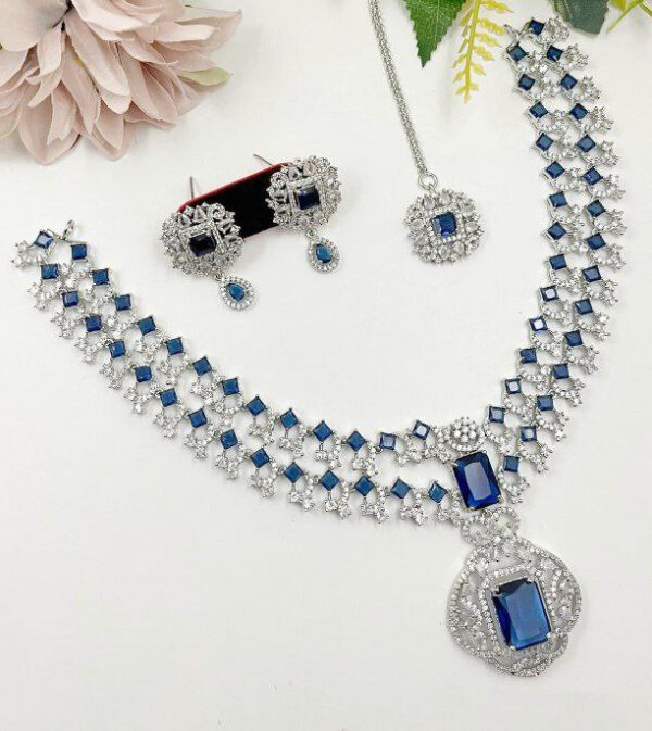 Indian 925 Silver Plated Bollywood Style Bridal CZ Necklace Earrings Jewelry Set - Image 4