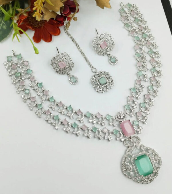 Indian 925 Silver Plated Bollywood Style Bridal CZ Necklace Earrings Jewelry Set - Image 6