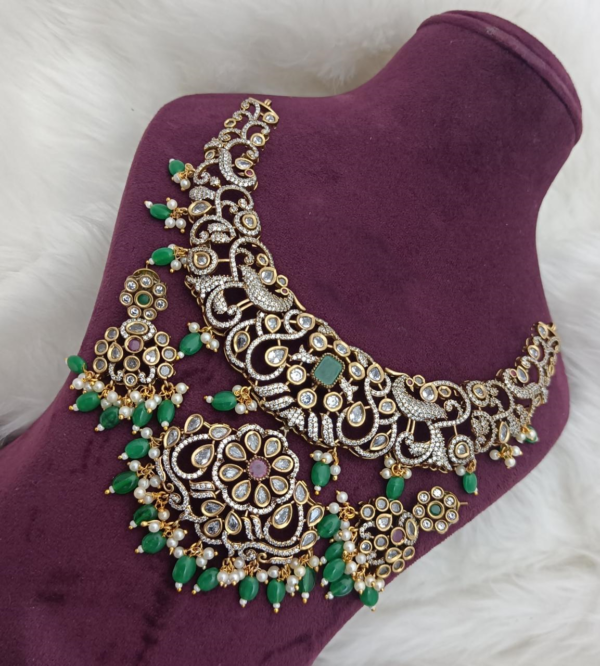 Bollywood Style Gold Plated Indian Bridal CZ Choker Necklace Earrings Jewelry Set - Image 3