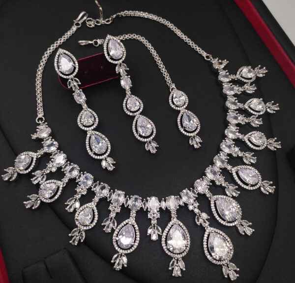 Indian Bridal Bollywood Style 925 Silver Plated CZ Choker Necklace Earrings Jewelry Set