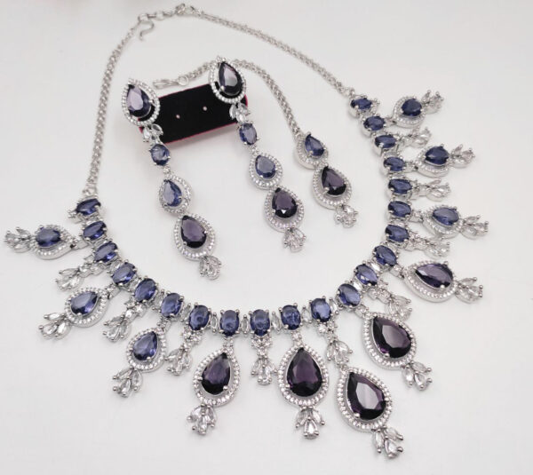 Indian Bridal Bollywood Style 925 Silver Plated CZ Choker Necklace Earrings Jewelry Set - Image 7
