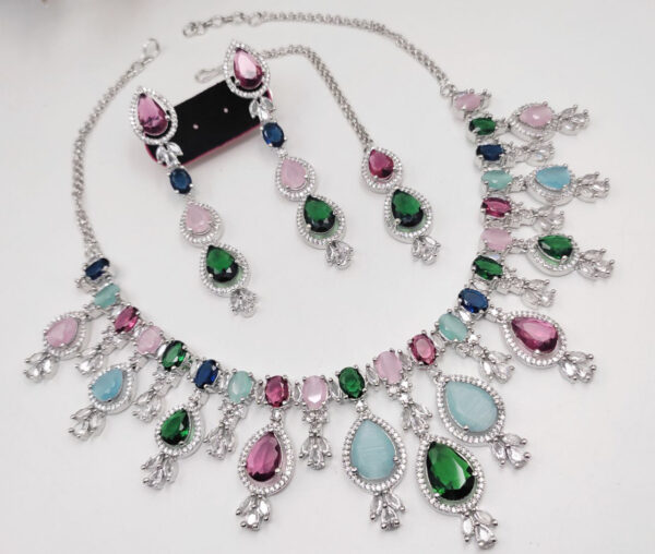 Indian Bridal Bollywood Style 925 Silver Plated CZ Choker Necklace Earrings Jewelry Set - Image 5