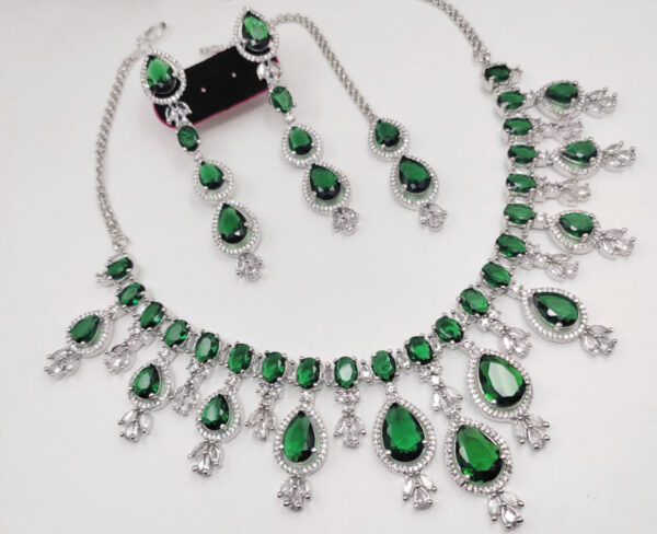 Indian Bridal Bollywood Style 925 Silver Plated CZ Choker Necklace Earrings Jewelry Set - Image 4