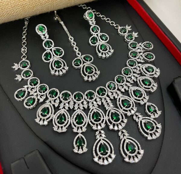 Bollywood Style 925 Silver Plated Indian CZ Bridal Necklace Earrings Jewelry Set - Image 2