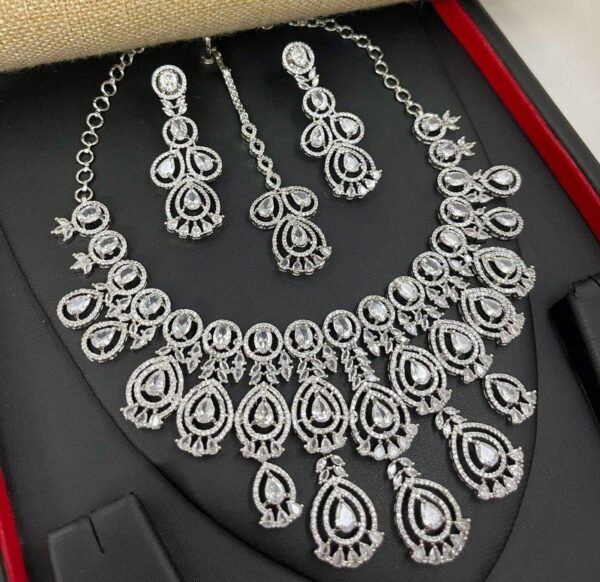 Bollywood Style 925 Silver Plated Indian CZ Bridal Necklace Earrings Jewelry Set
