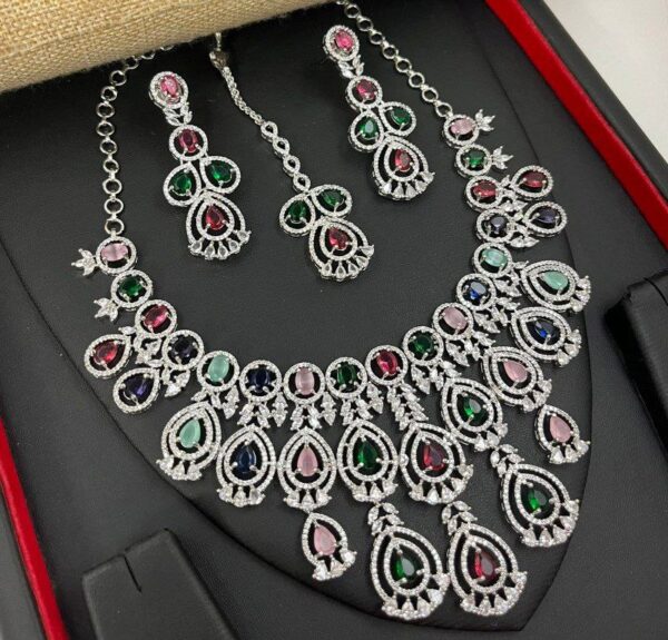Bollywood Style 925 Silver Plated Indian CZ Bridal Necklace Earrings Jewelry Set - Image 4