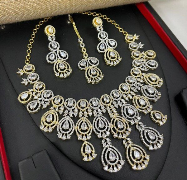 Bollywood Style 925 Silver Plated Indian CZ Bridal Necklace Earrings Jewelry Set - Image 5