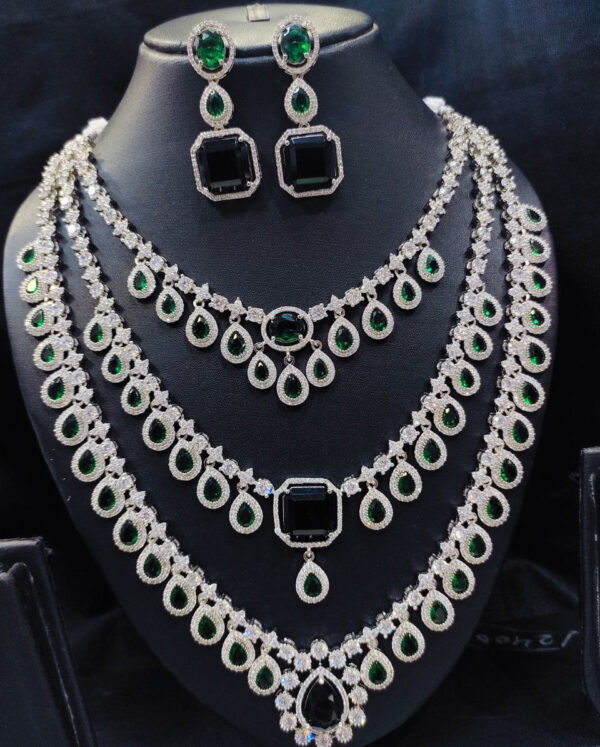Bollywood Style 925 Silver Plated Indian CZ Bridal Necklace Earrings 3 Layered Jewelry Set - Image 2
