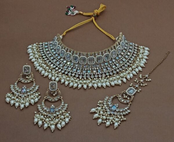 Gold Plated Bollywood Style Indian Reverse AD Choker Necklace Pearl Jewelry Set - Image 2
