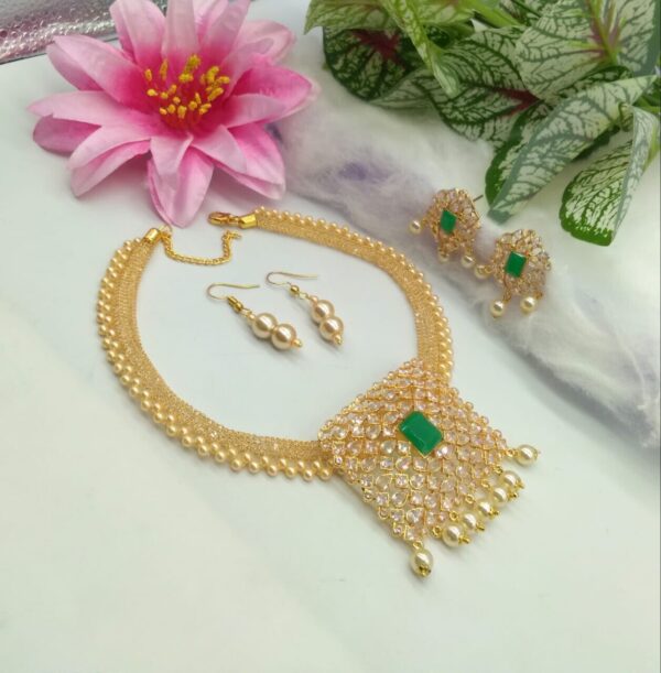 Gold Plated Indian Bollywood Style Choker Necklace Earrings CZ Green Jewelry Set
