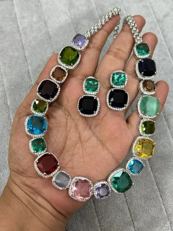 Bollywood Style Silver Plated Multicolor Choker CZ Necklace Earrings Jewelry Set - Image 2