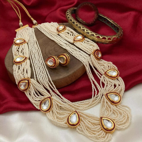 Gold Plated Bollywood Style Indian Pearl Kundan Necklace Long Haram Jewelry Set - Image 6