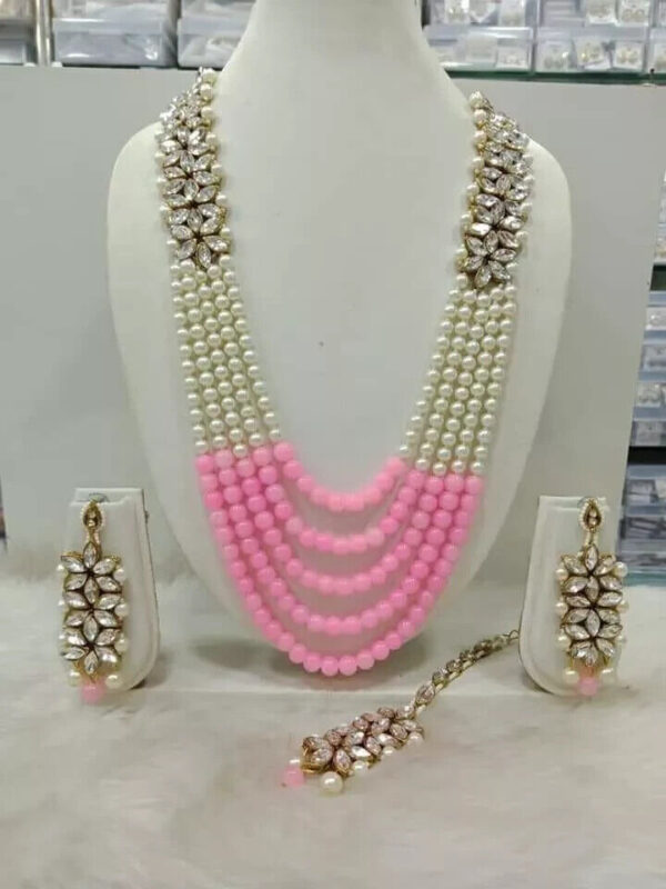 Indian Bollywood Style Gold Plated Kundan Necklace Light Pink Long Jewelry Set - Image 4