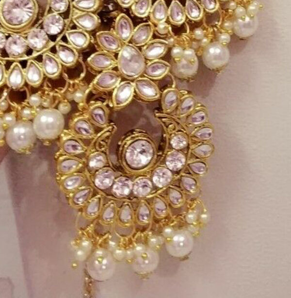 Indian Bollywood Style White Pearl Kundan Gold Fashion Bridal Necklace Set - Image 4