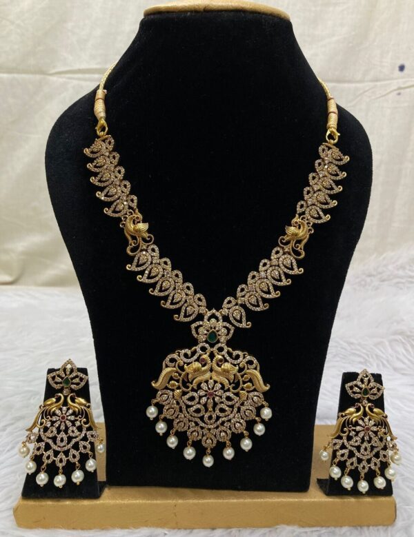 Indian Gold Plated Bollywood Style CZ Necklace Earrings Bridal Jewelry Set - Image 6