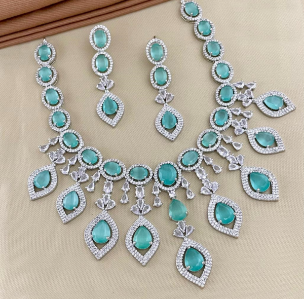 Bollywood Fashion White Gold Silver Plated CZ Choker Necklace Earrings Jewelry Set - Image 2