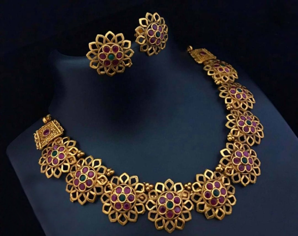 Gold Plated Indian Bollywood Style Choker Necklace Earring Temple Jewelry Set