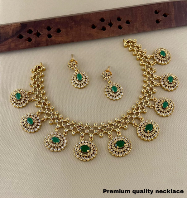 Gold Plated Bollywood Style Indian Delicate Necklace CZ Emerald Jewelry Set - Image 4