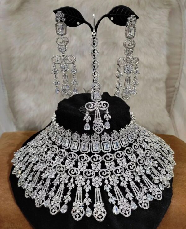 Bollywood Style 925 Silver Plated CZ Bridal Necklace Earrings Tikka Jewelry Set - Image 4