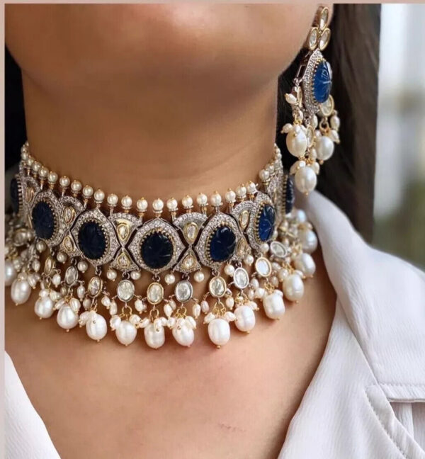 Indian Bollywood Style Kundan Choker Necklace Earrings Blue Pearl CZ Jewelry Set - Image 3