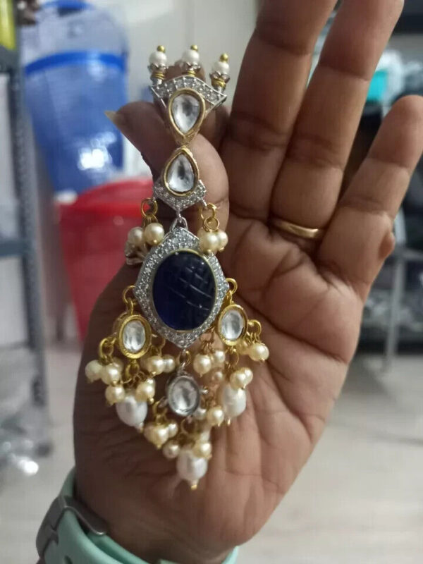Indian Bollywood Style Kundan Choker Necklace Earrings Blue Pearl CZ Jewelry Set - Image 8