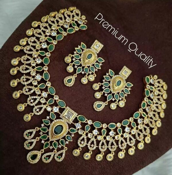 Bollywood Indian Gold Plated CZ Necklace Earrings Onex Green Emerald Jewelry Set