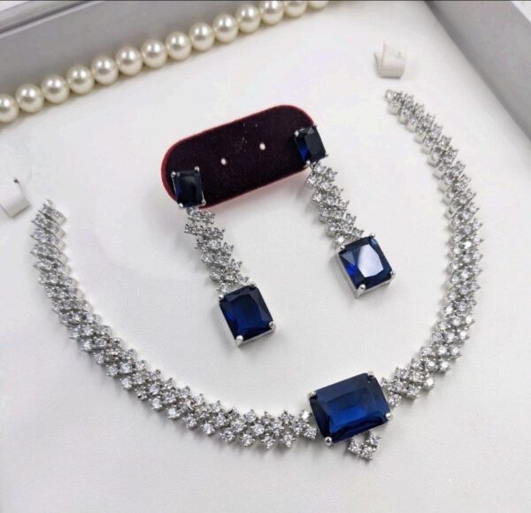Bollywood Style Silver Plated Indian CZ Necklace Earrings Choker Jewelry Set - Image 2