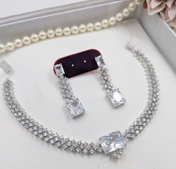 Bollywood Style Silver Plated Indian CZ Necklace Earrings Choker Jewelry Set