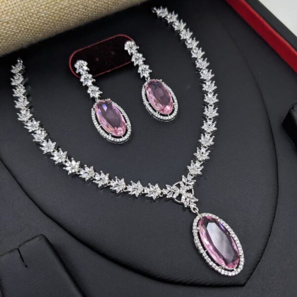 Bollywood Style 925 Silver Plated Indian CZ Bridal Necklace Earrings Jewelry Set - Image 2