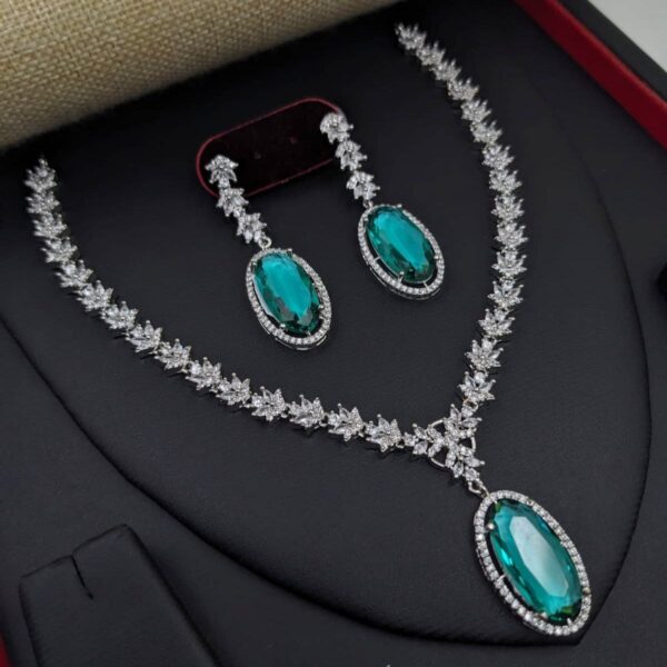 Bollywood Style 925 Silver Plated Indian CZ Bridal Necklace Earrings Jewelry Set - Image 3