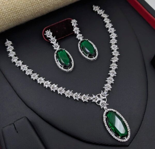 Bollywood Style 925 Silver Plated Indian CZ Bridal Necklace Earrings Jewelry Set - Image 4